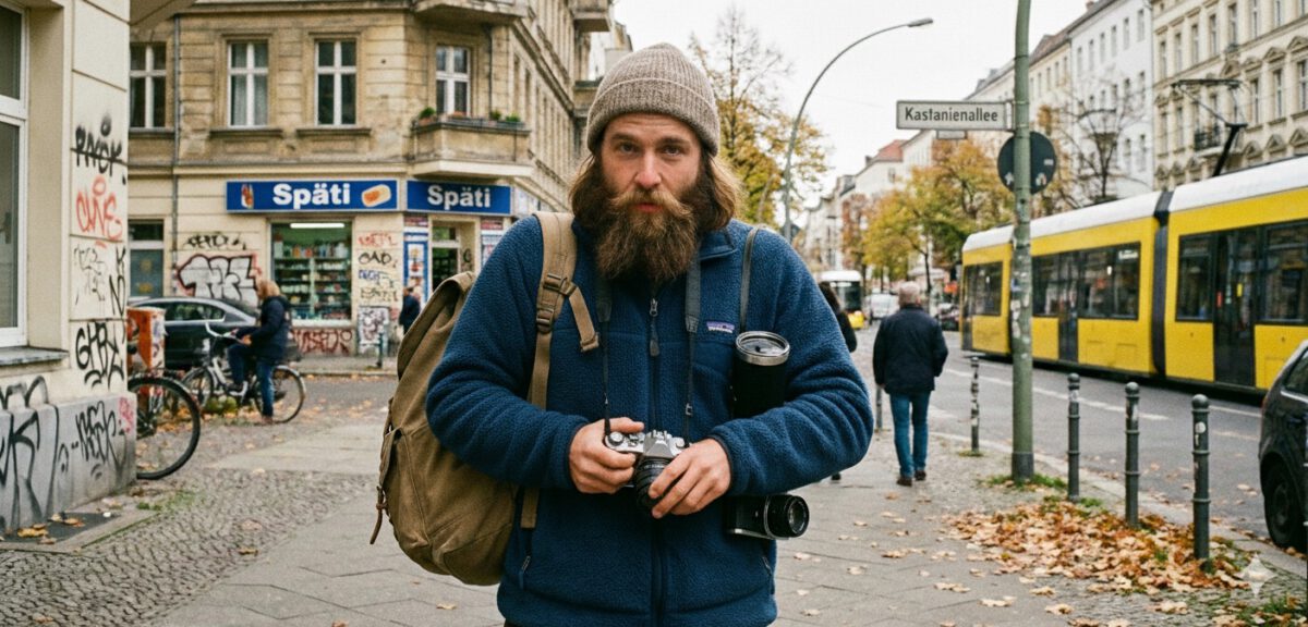 Granola Boy: Mann mit Beanie, Vollbart und einer Fleecejacke steht auf einer Straße