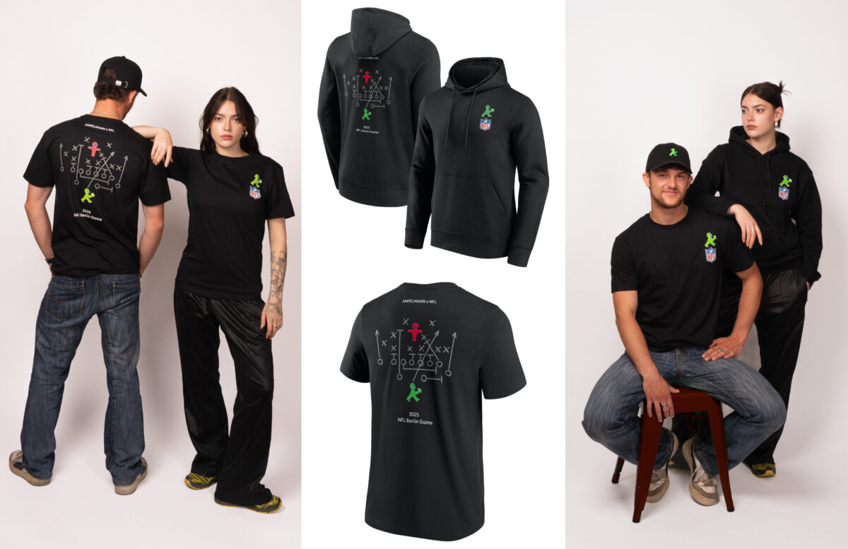 Kollektion der NFL x Ampelmann Zusammenarbeit. Hoodie und T-Shirt mit dem ikonischen NFL-Logo und dem legendären Ampelmännchen