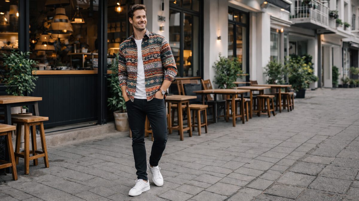 Mann trägt ein Hemd mit Azteken-Muster, darunter ein weißes T-Shirt und eine schwarze Jeans. Er steht vor einem Café 