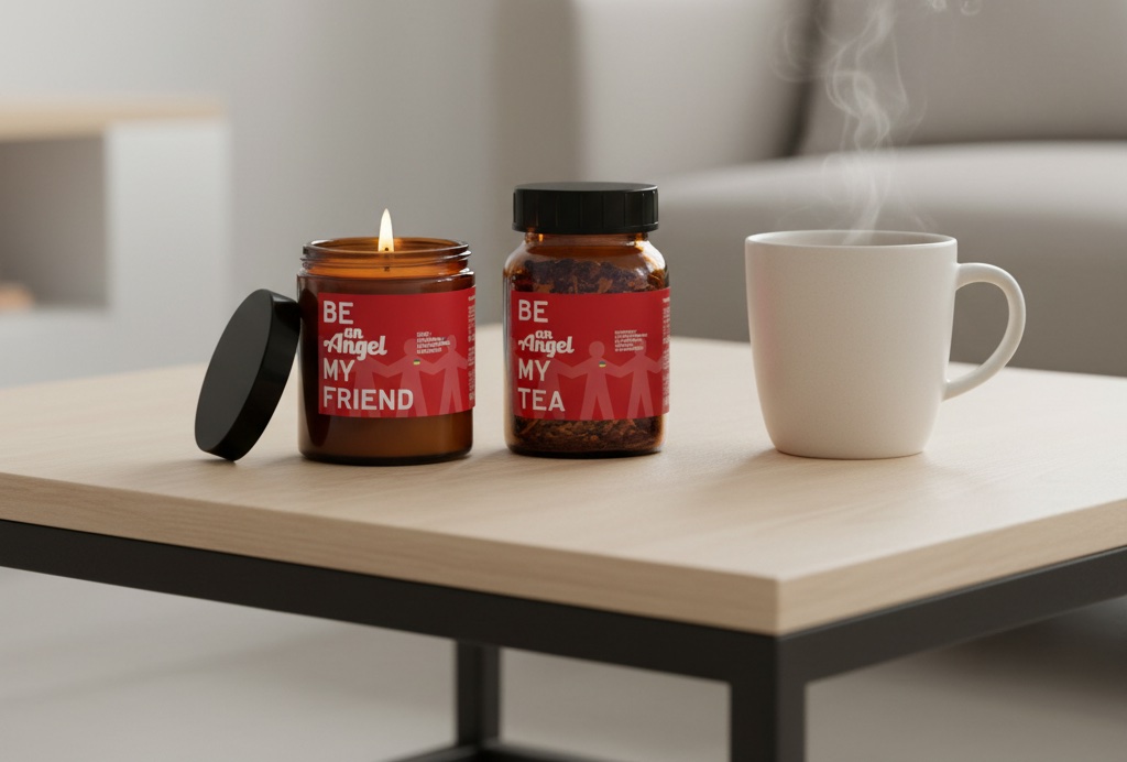 Be my Angel Kerze und be my angel Tee stehen auf einem Couchtisch