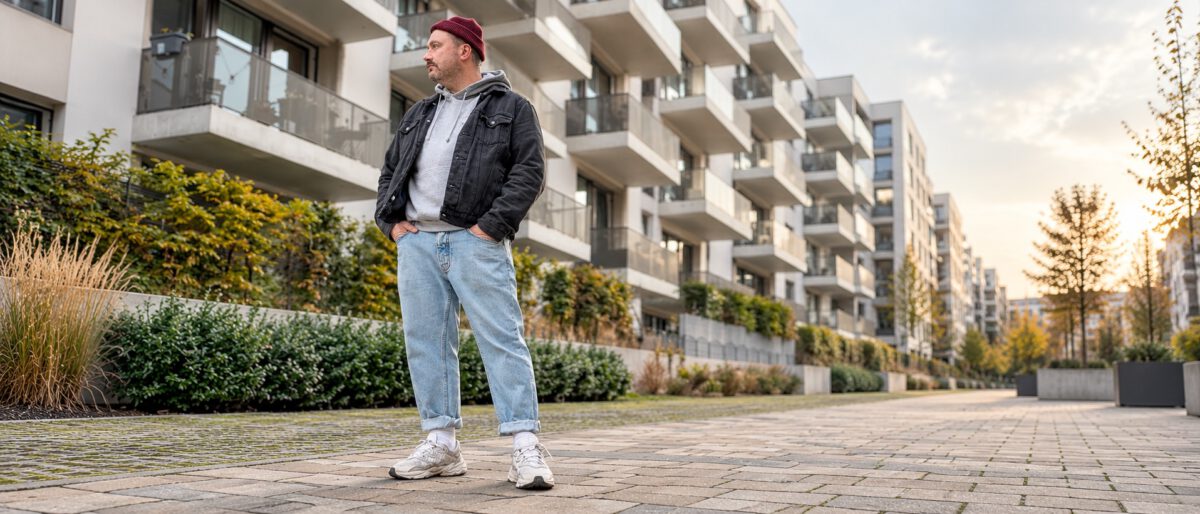 Lässiges Herbst-Outfit für Männer 2026 mit schwarzer Jeansjacke, grauem Hoodie, hellblauer Baggy Jeans, bordeauxroter Beanie und weißen Chunky Sneakern.